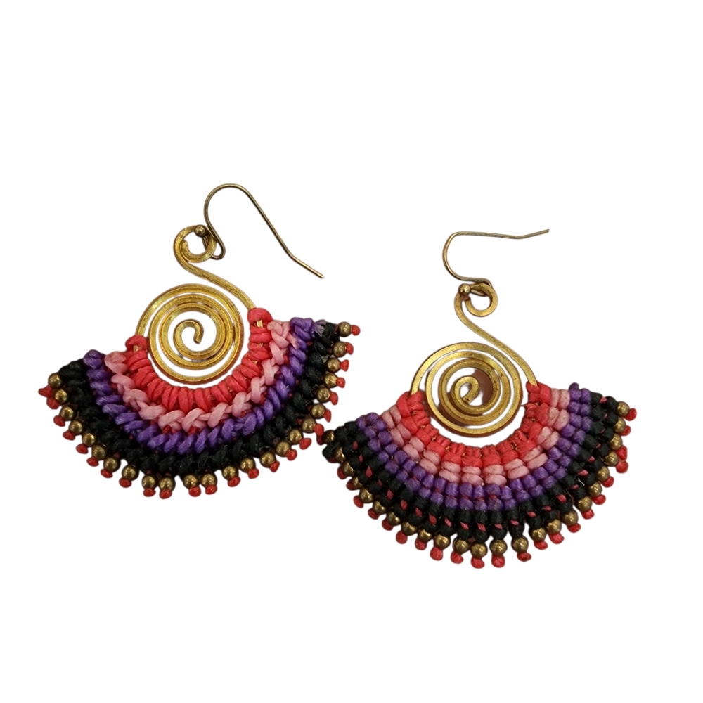 Boho earrings handmade artisan woven dangle fan colorful